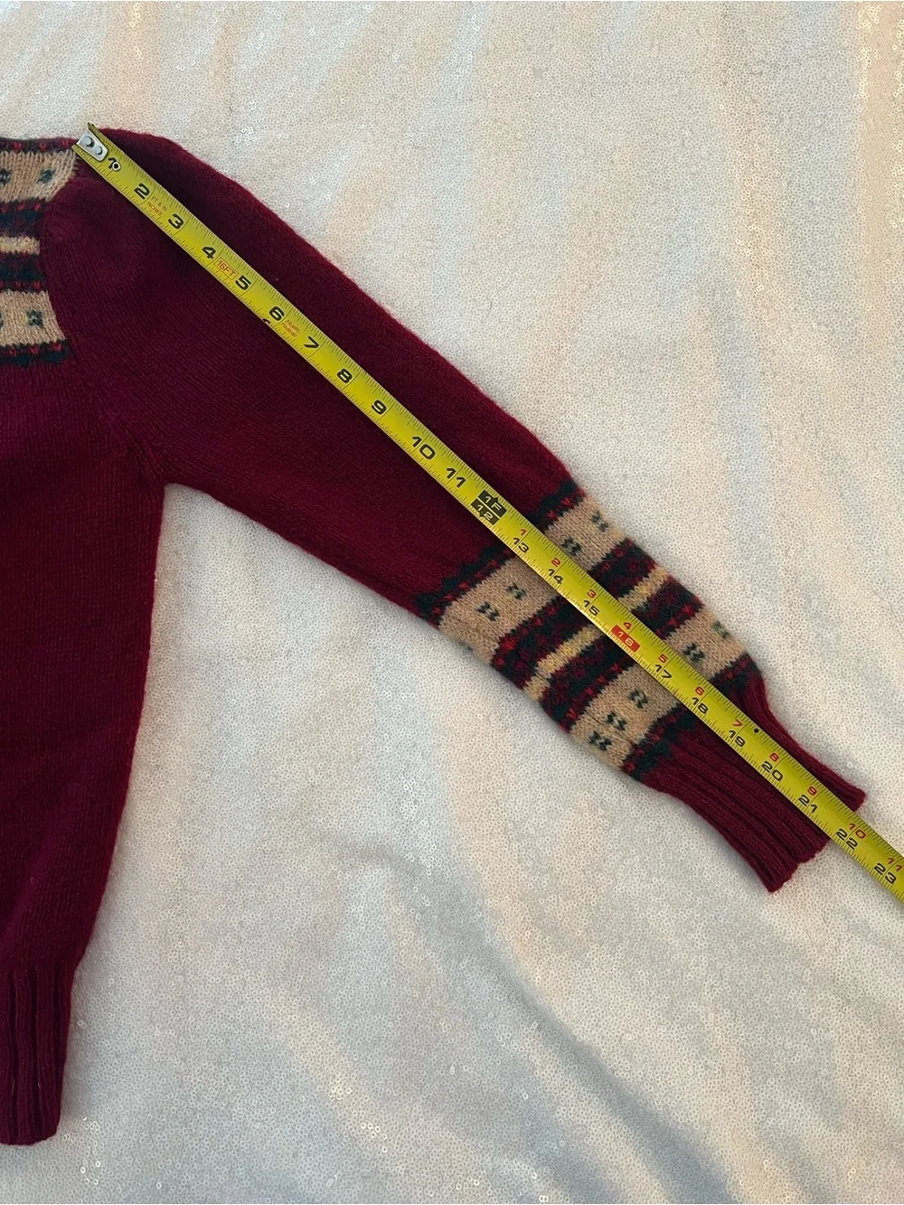Vintage 1970s 1980s Shetland Wool Burgundy Fair Isle Sweater with Puff Sleeves